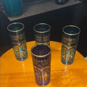 Vintage Moroccan Style Gold and Blue Glass Set of 4